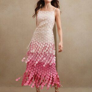 Pink Elegant Women's Round Tassel Hollow Out Embroidery High Waist Slip Dress
